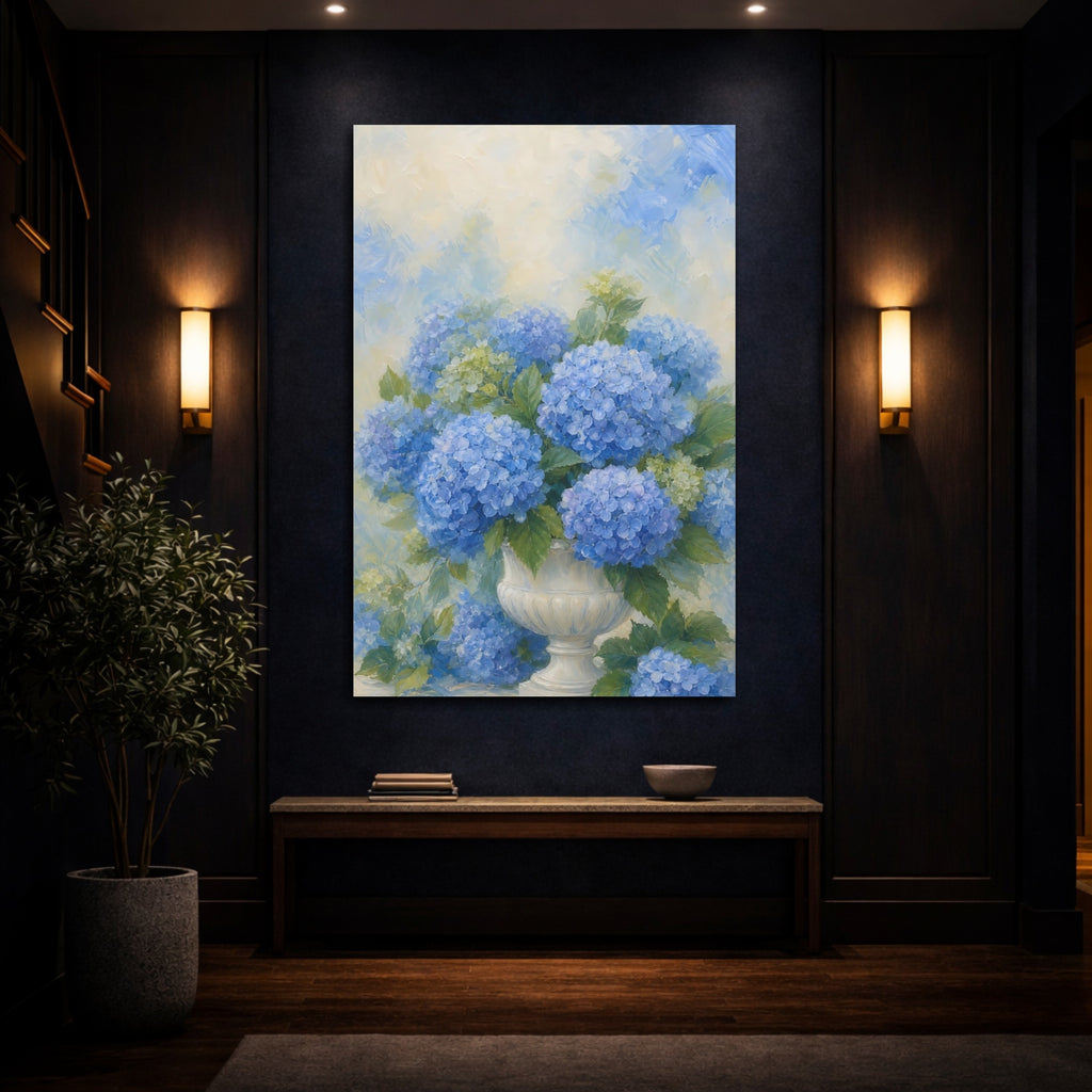 Mockup 4. Floral Hydrangeas Blue Hydrangeas shown as stretched canvas wall art
