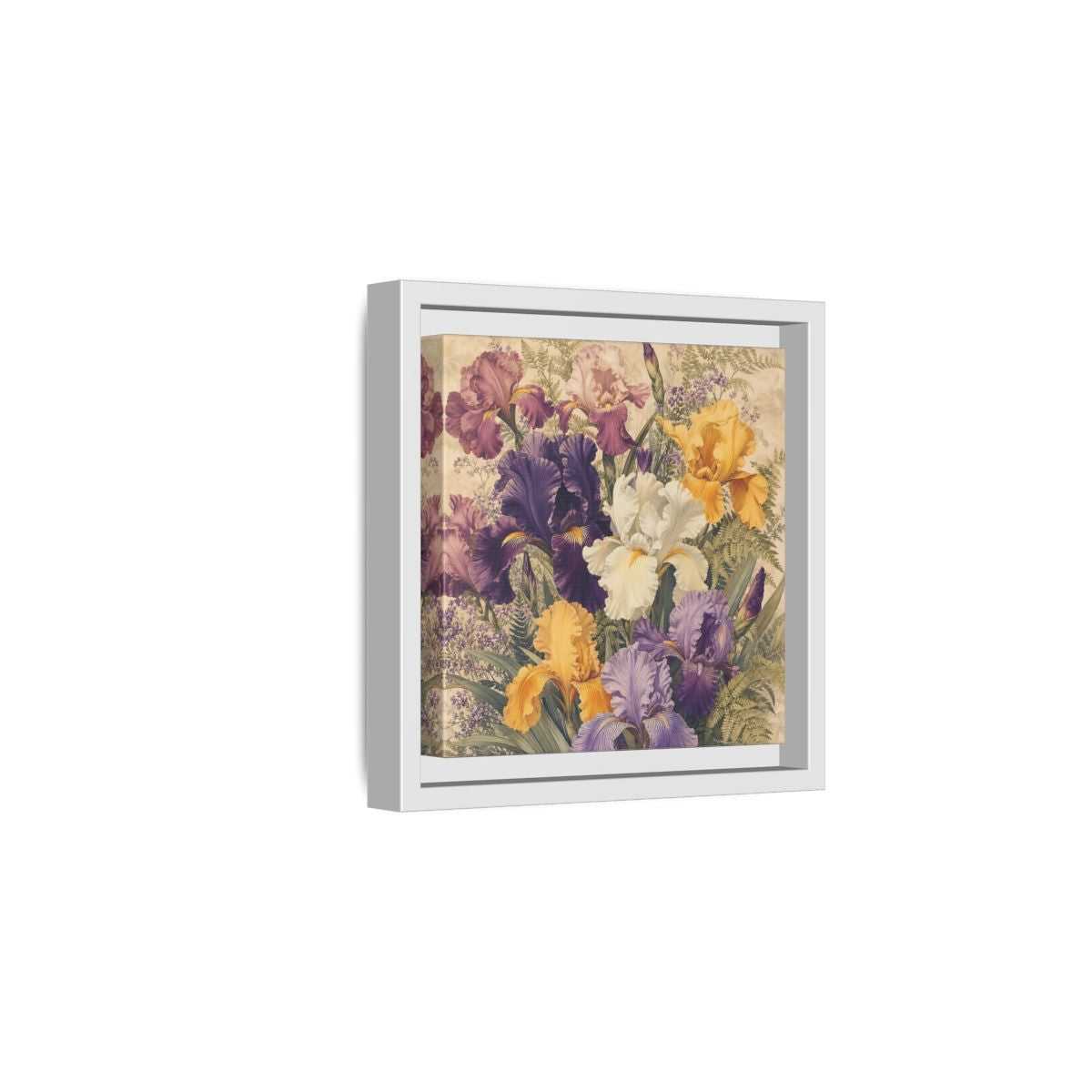 Side Mockup 1. Floral Irises Colorful Irises shown as stretched canvas wall art