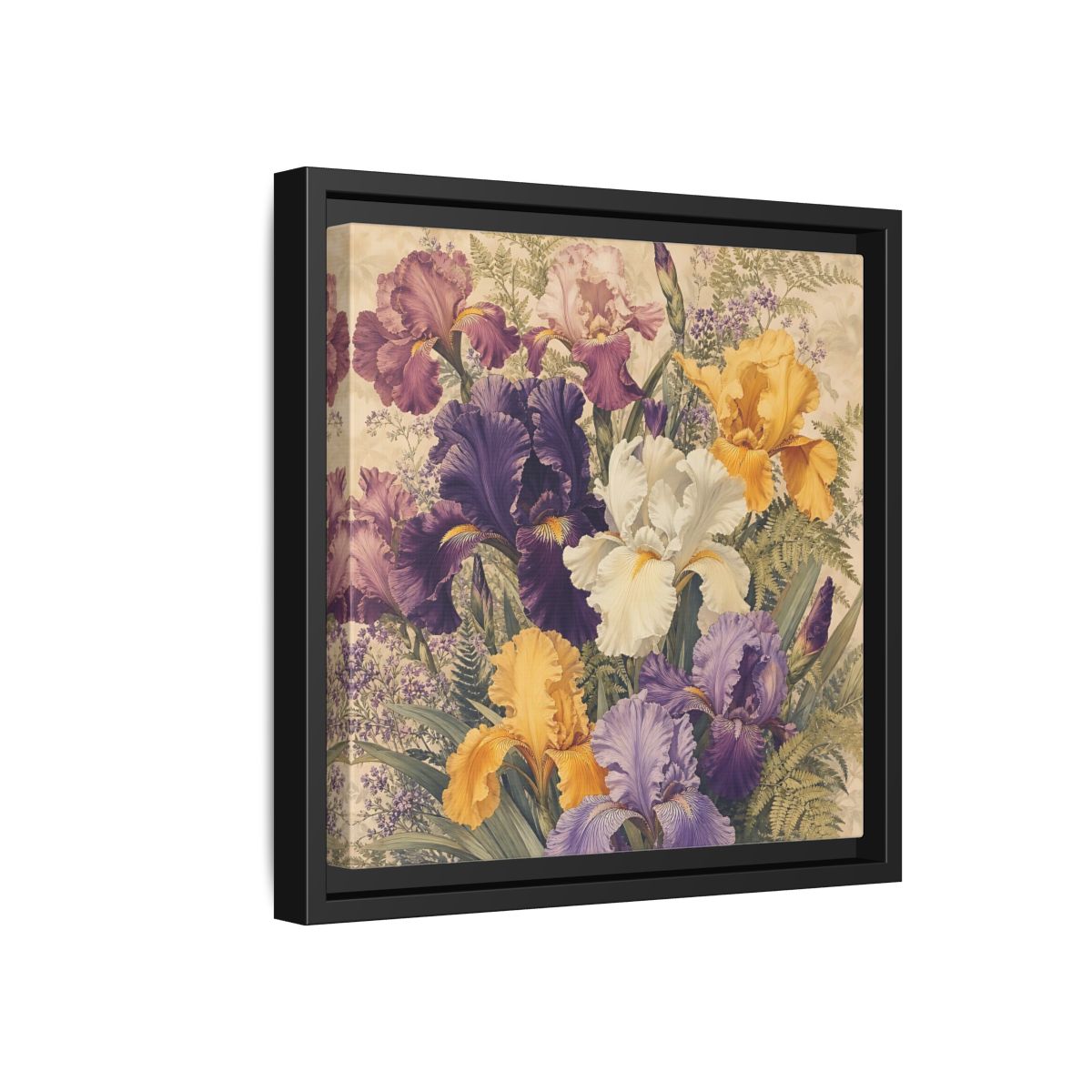 Side Mockup 18. Floral Irises Colorful Irises shown as stretched canvas wall art