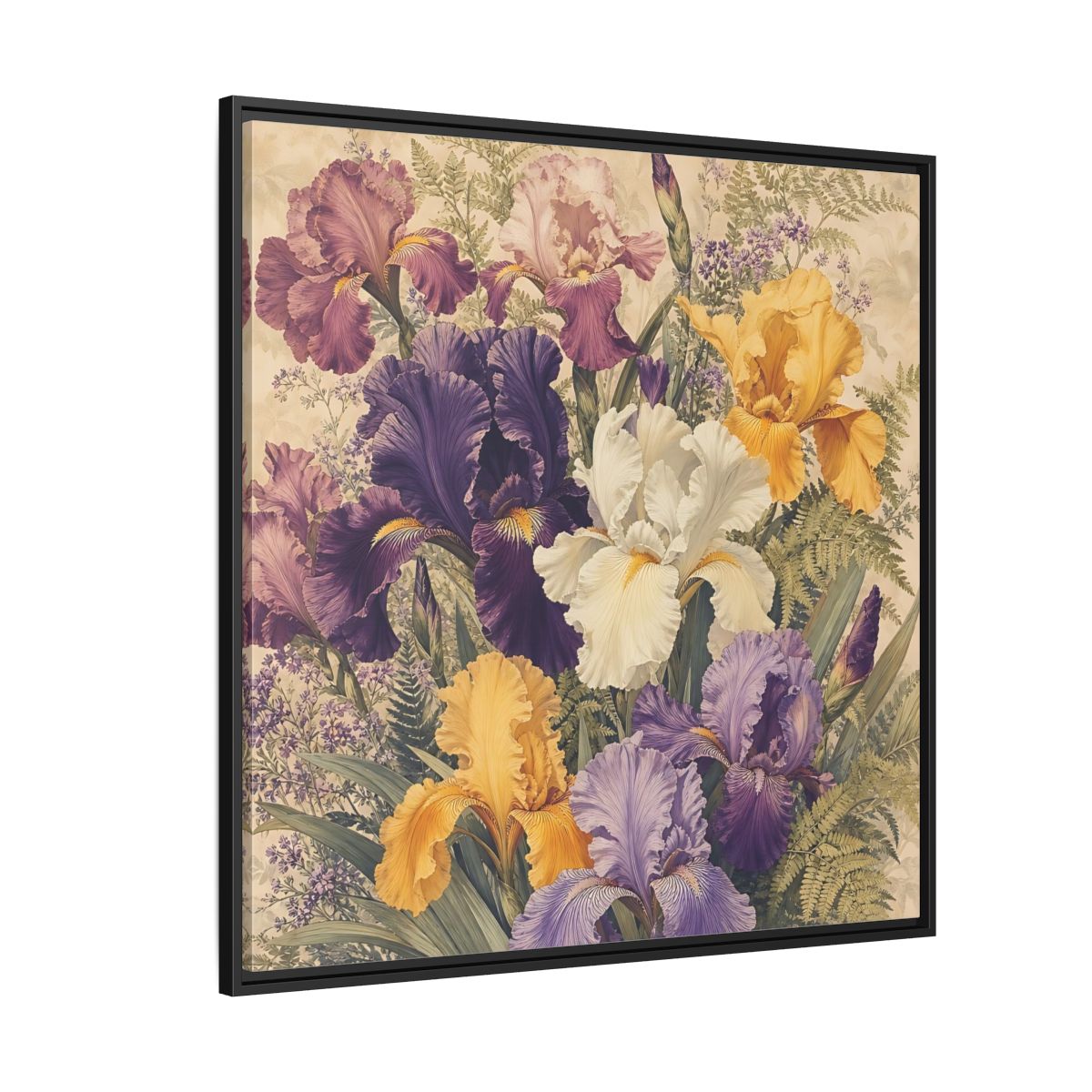 Side Mockup 6. Floral Irises Colorful Irises shown as stretched canvas wall art