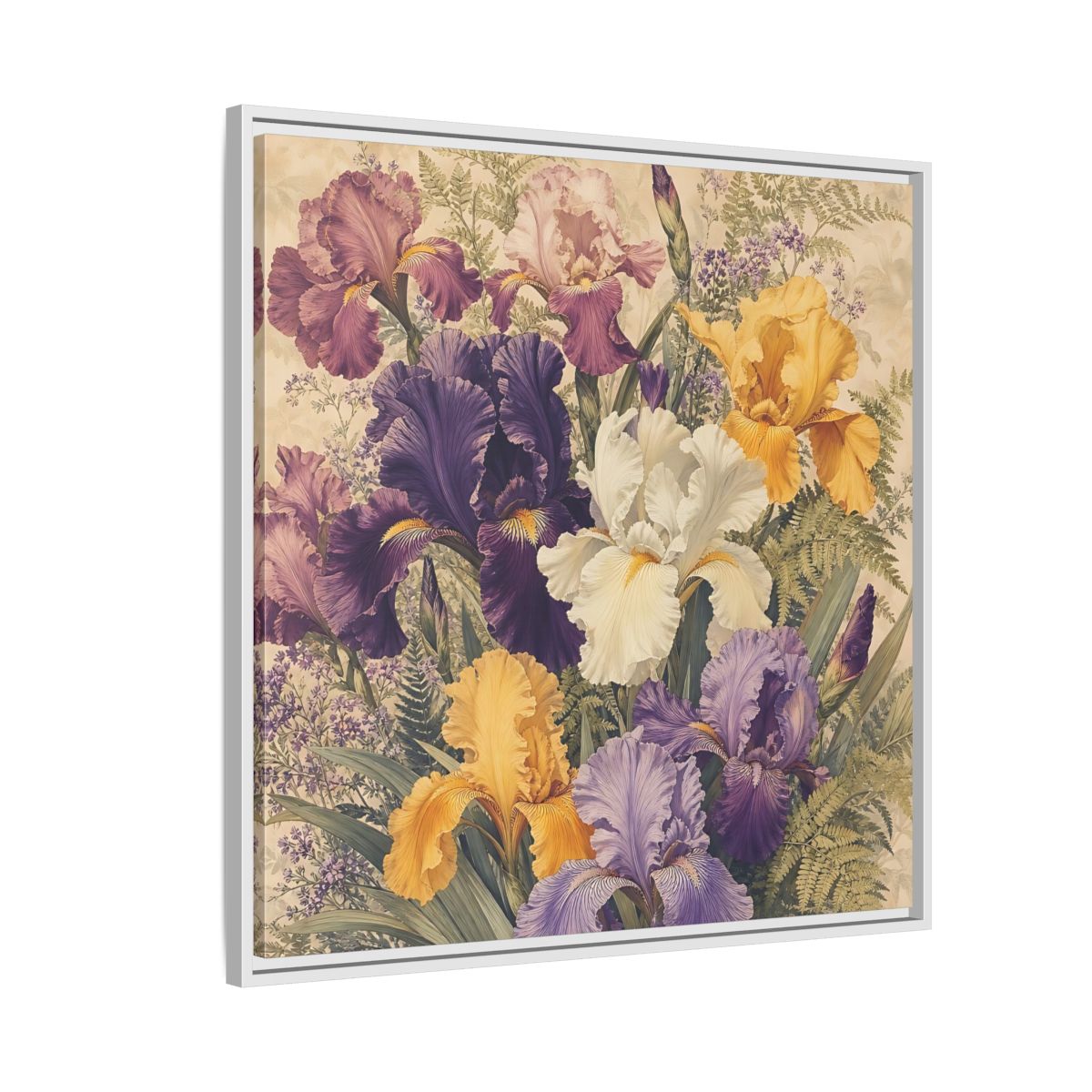 Side Mockup 7. Floral Irises Colorful Irises shown as stretched canvas wall art