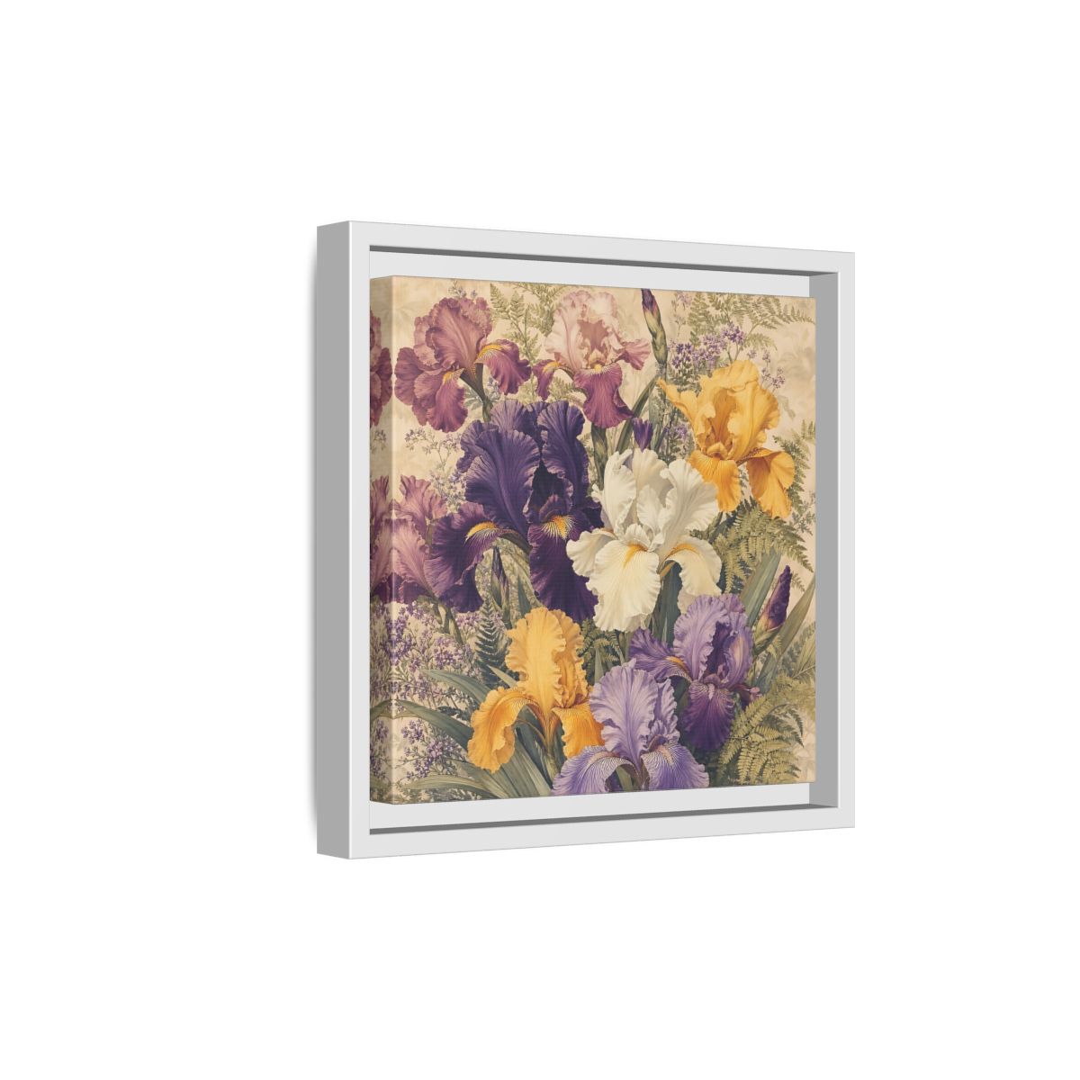 Side Mockup 19. Floral Irises Colorful Irises shown as stretched canvas wall art