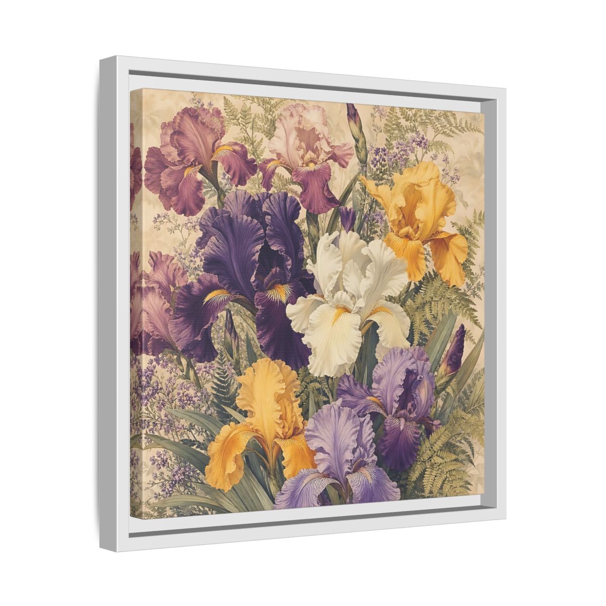 Side Mockup 28. Floral Irises Colorful Irises shown as stretched canvas wall art