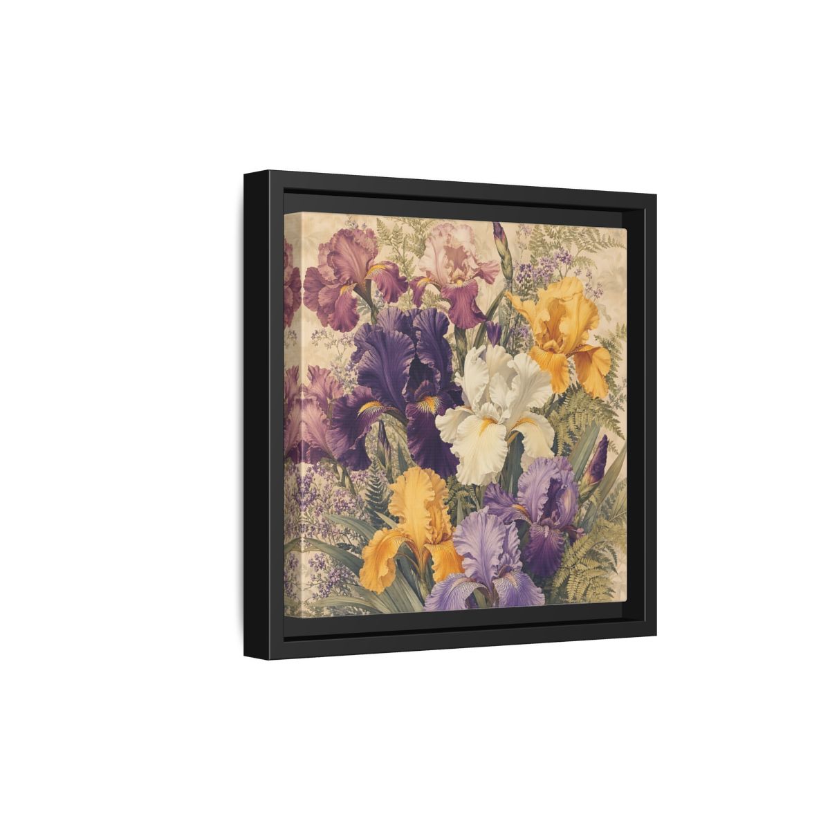 Side Mockup 21. Floral Irises Colorful Irises shown as stretched canvas wall art