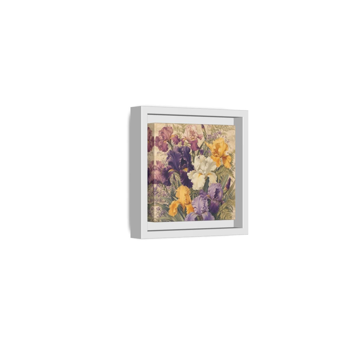 Side Mockup 22. Floral Irises Colorful Irises shown as stretched canvas wall art