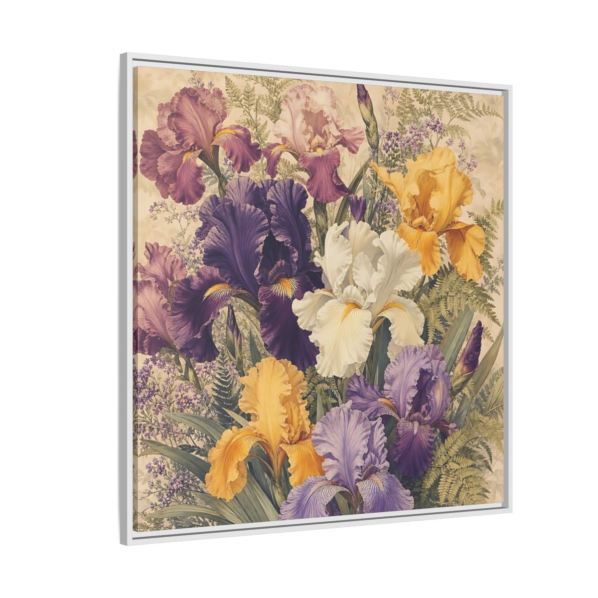 Side Mockup 4. Floral Irises Colorful Irises shown as stretched canvas wall art