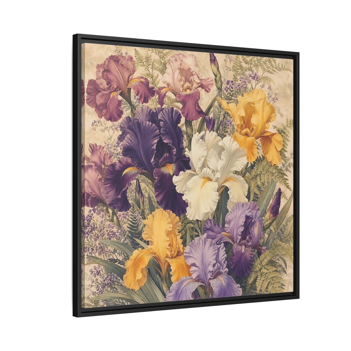 Side Mockup 9. Floral Irises Colorful Irises shown as stretched canvas wall art