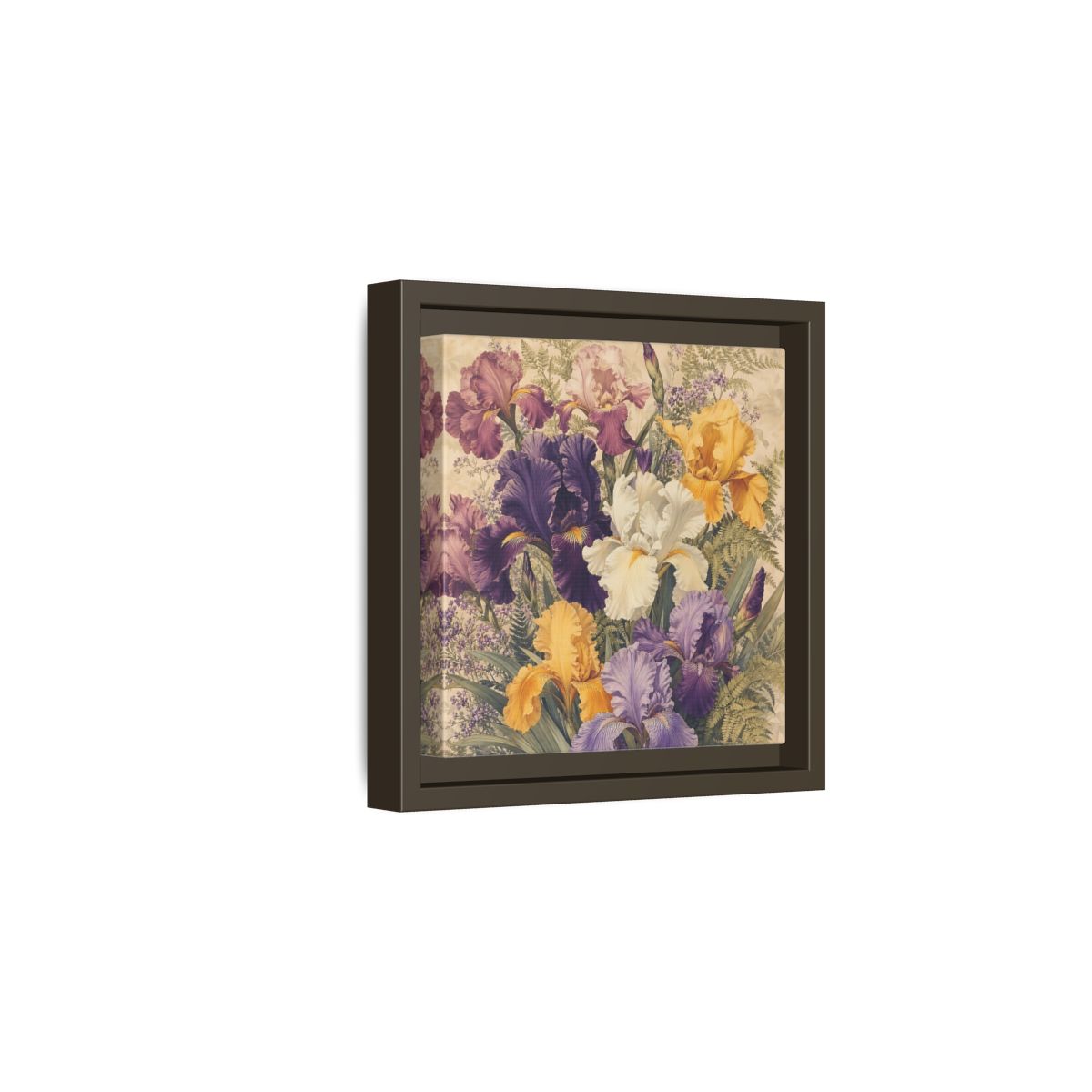 Side Mockup 2. Floral Irises Colorful Irises shown as stretched canvas wall art