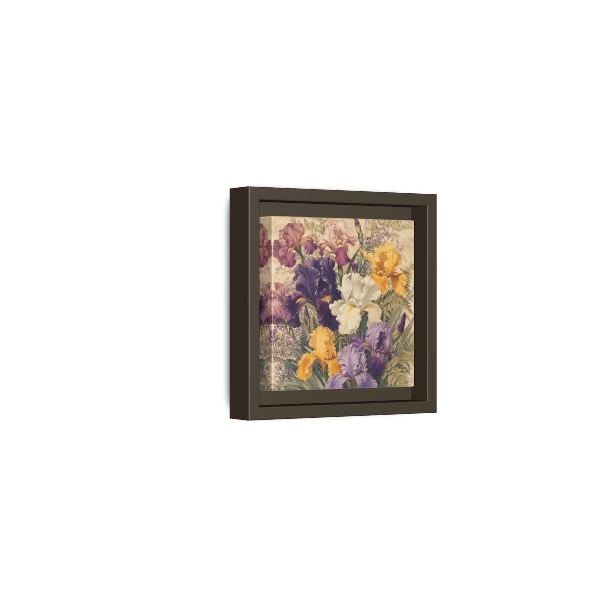 Side Mockup 23. Floral Irises Colorful Irises shown as stretched canvas wall art