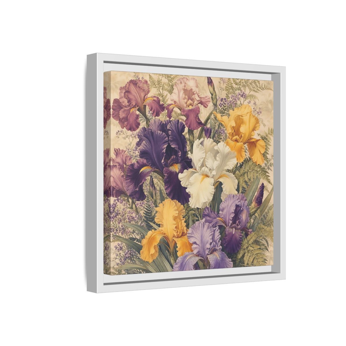 Side Mockup 16. Floral Irises Colorful Irises shown as stretched canvas wall art