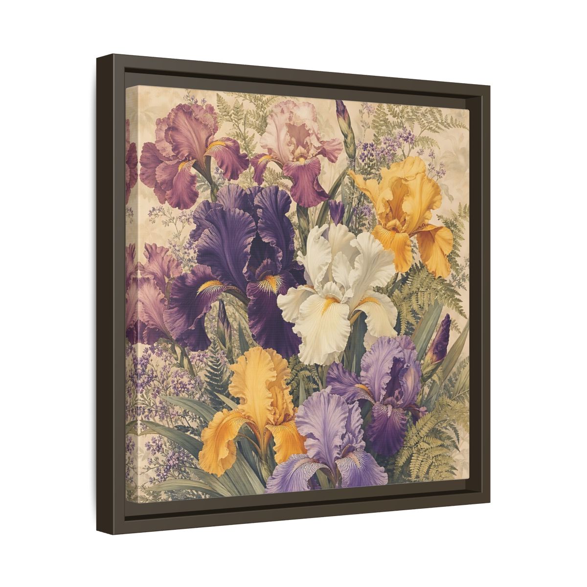 Side Mockup 29. Floral Irises Colorful Irises shown as stretched canvas wall art