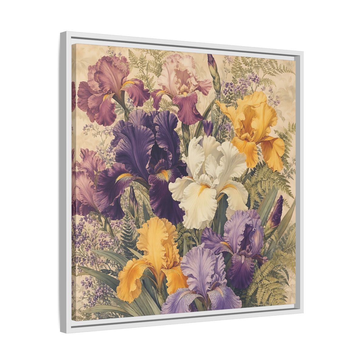 Side Mockup 26. Floral Irises Colorful Irises shown as stretched canvas wall art