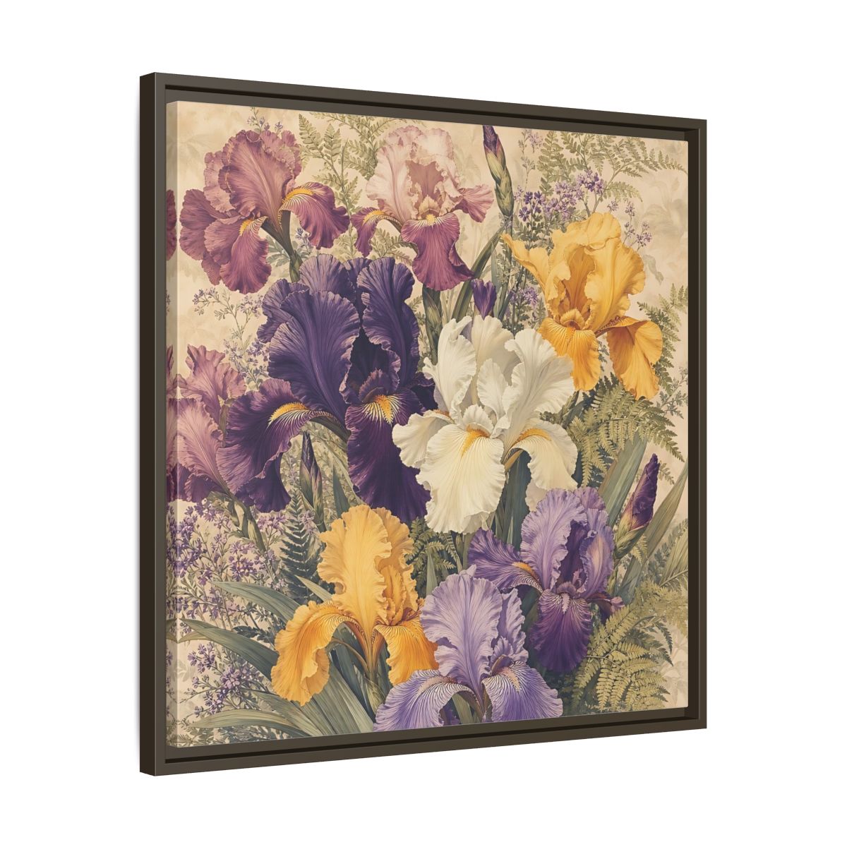 Side Mockup 27. Floral Irises Colorful Irises shown as stretched canvas wall art