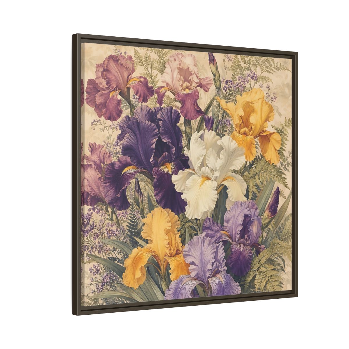 Side Mockup 8. Floral Irises Colorful Irises shown as stretched canvas wall art