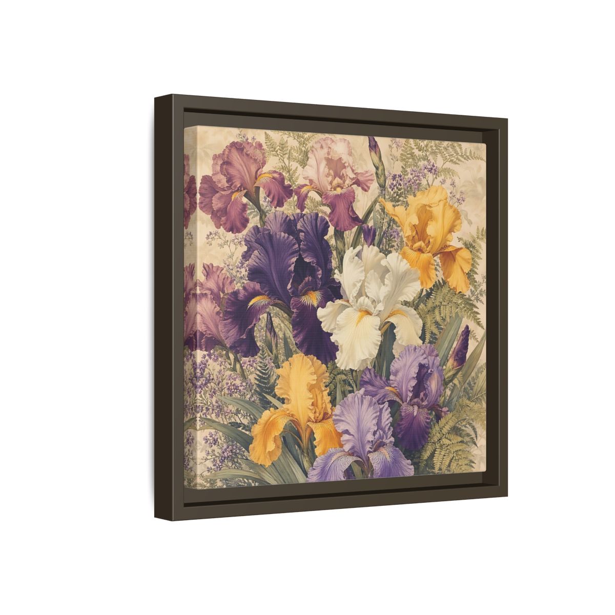 Side Mockup 17. Floral Irises Colorful Irises shown as stretched canvas wall art