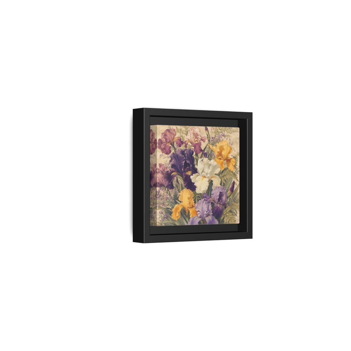 Side Mockup 24. Floral Irises Colorful Irises shown as stretched canvas wall art