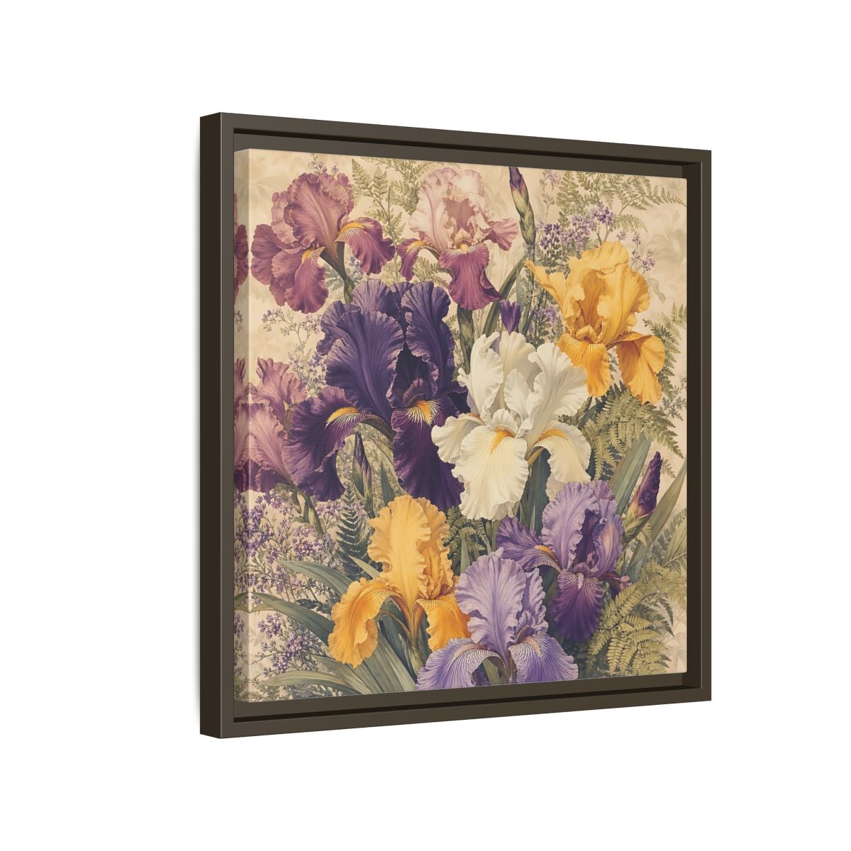 Side Mockup 14. Floral Irises Colorful Irises shown as stretched canvas wall art