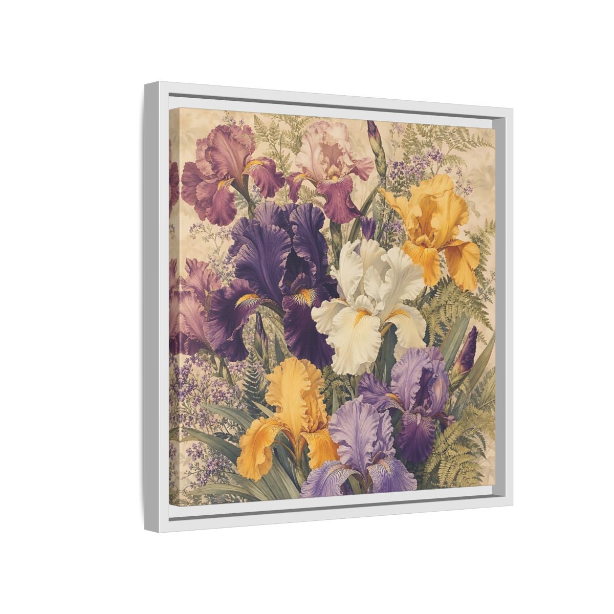 Side Mockup 13. Floral Irises Colorful Irises shown as stretched canvas wall art