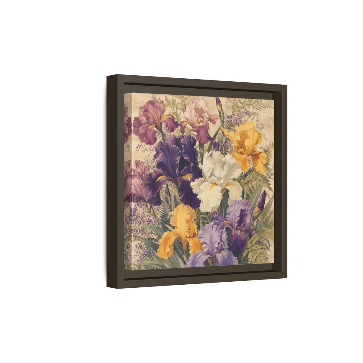 Side Mockup 20. Floral Irises Colorful Irises shown as stretched canvas wall art
