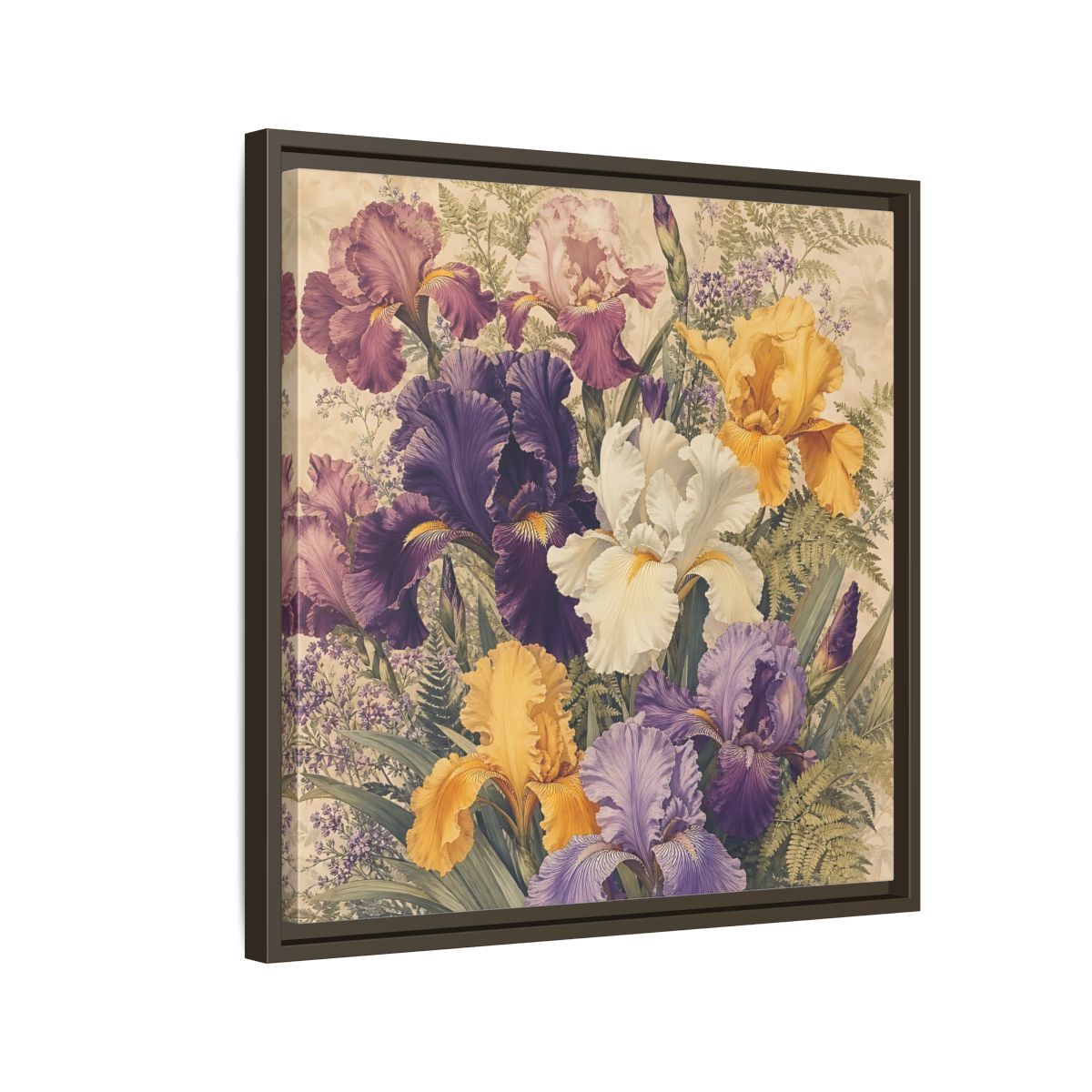Side Mockup 11. Floral Irises Colorful Irises shown as stretched canvas wall art