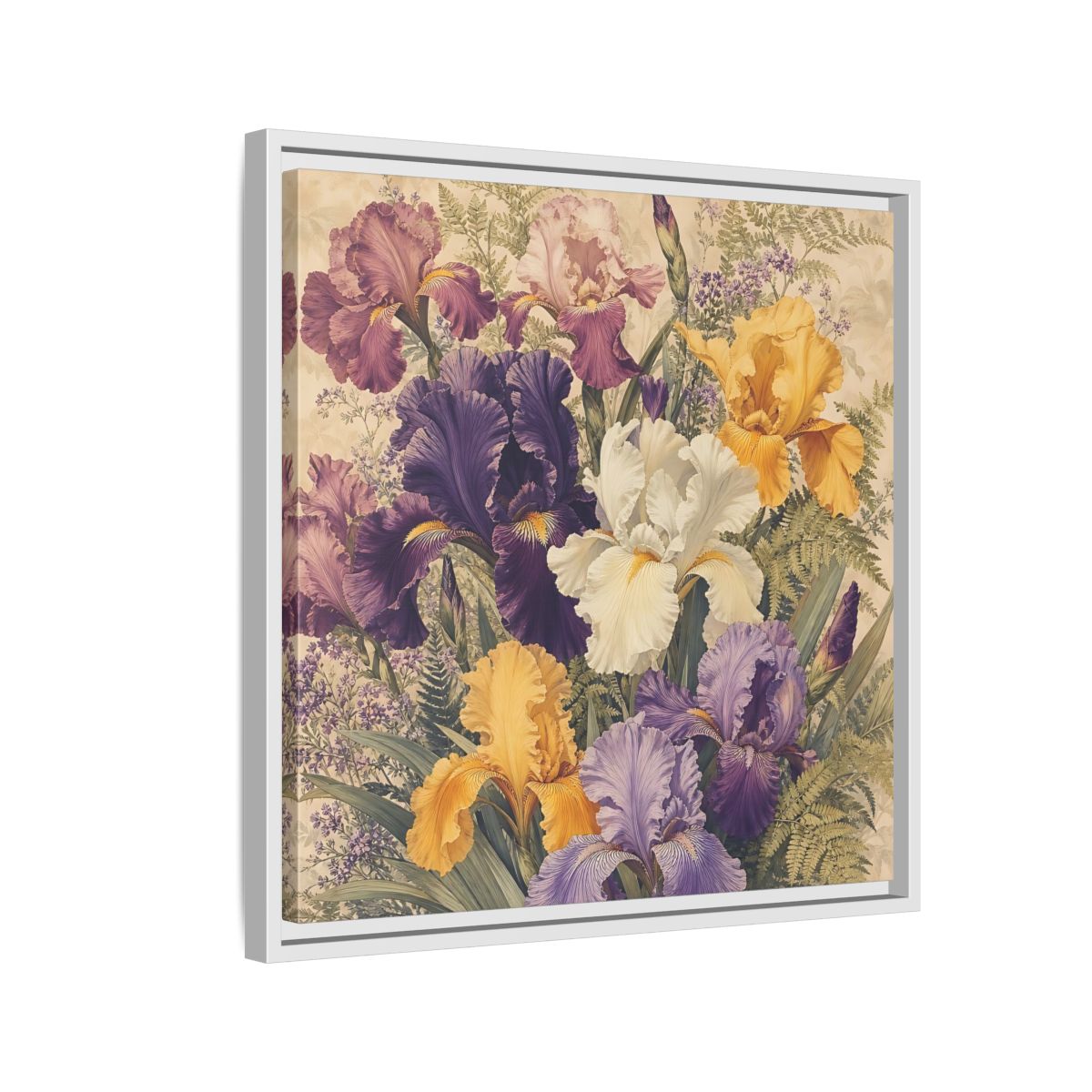 Side Mockup 10. Floral Irises Colorful Irises shown as stretched canvas wall art