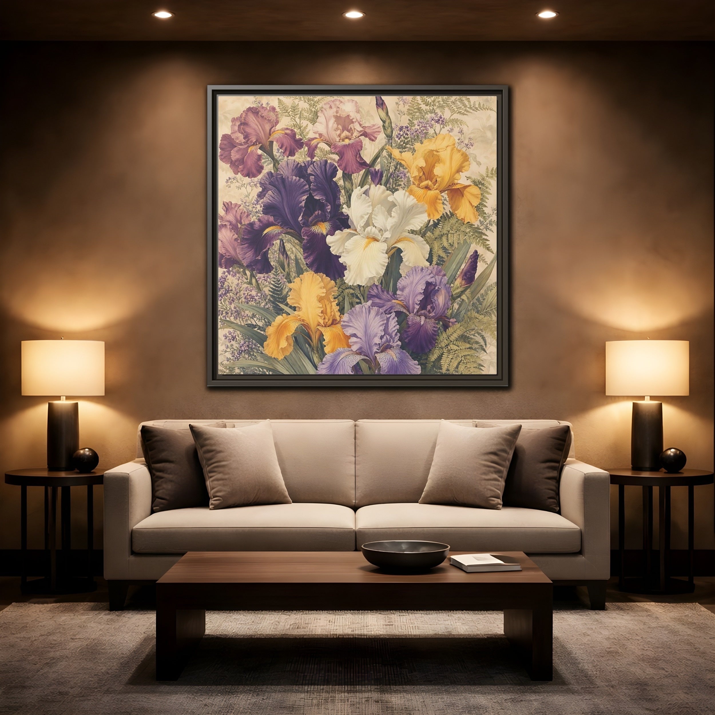 Mockup 2. Floral Irises Colorful Irises shown as stretched canvas wall art