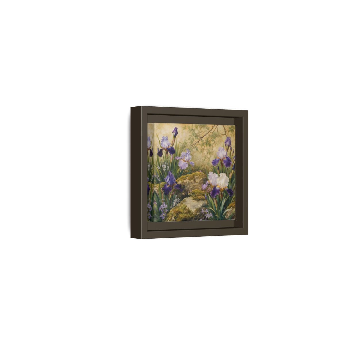 Side Mockup 23. Floral Irises Purple Irises shown as stretched canvas wall art
