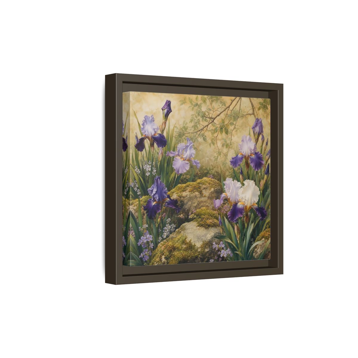 Side Mockup 20. Floral Irises Purple Irises shown as stretched canvas wall art