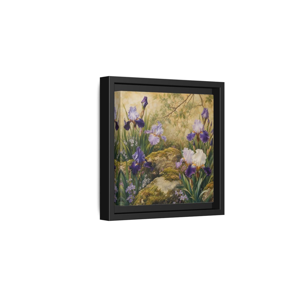Side Mockup 3. Floral Irises Purple Irises shown as stretched canvas wall art