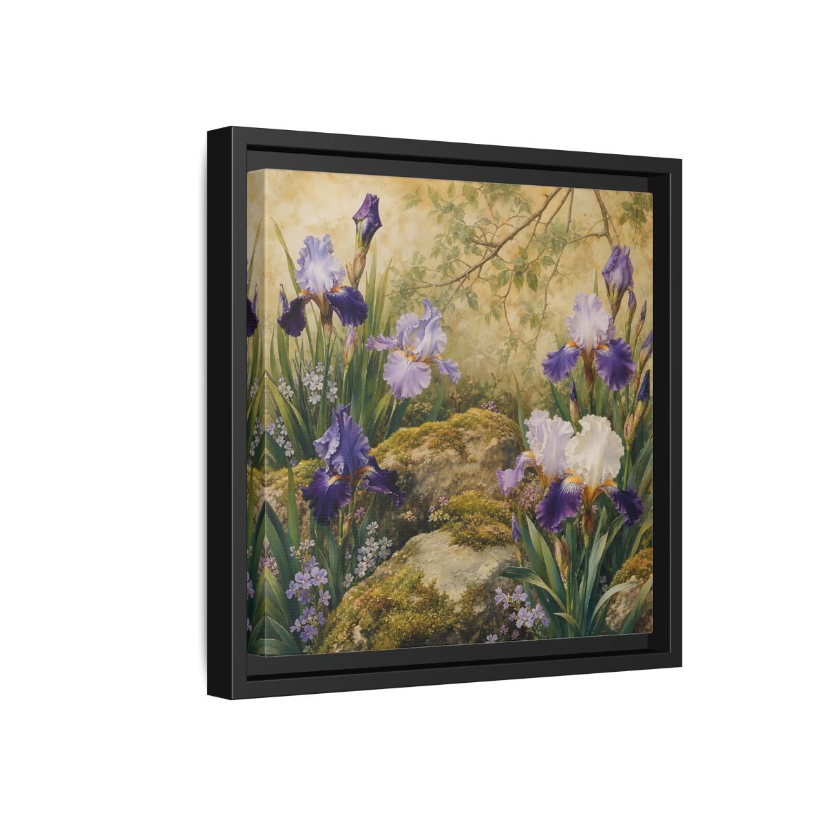 Side Mockup 18. Floral Irises Purple Irises shown as stretched canvas wall art