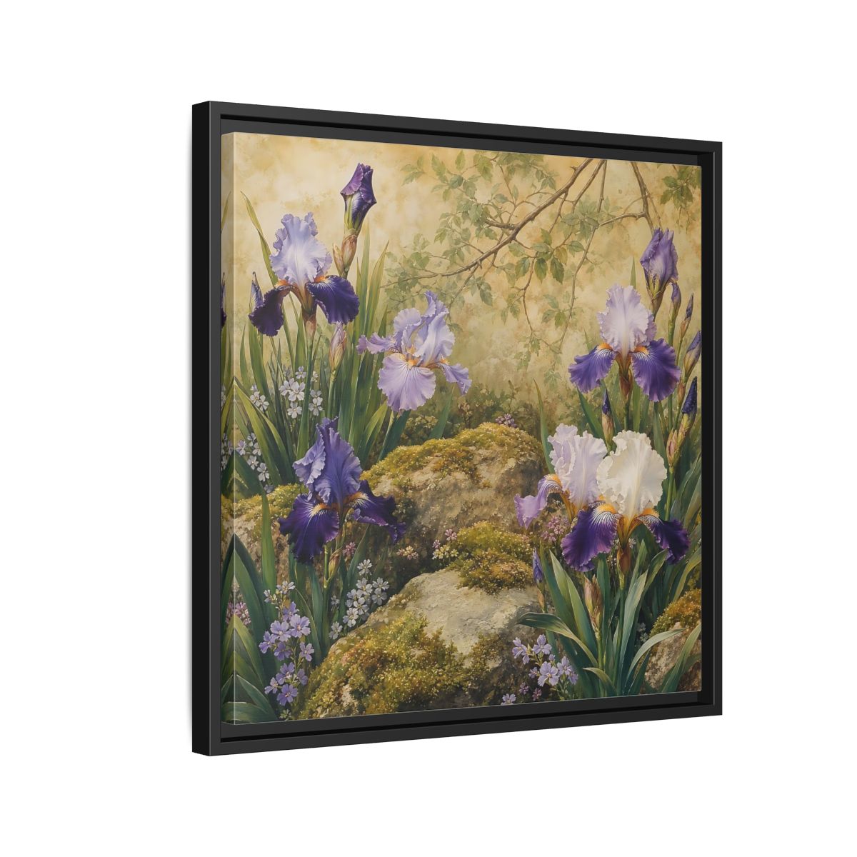 Side Mockup 12. Floral Irises Purple Irises shown as stretched canvas wall art