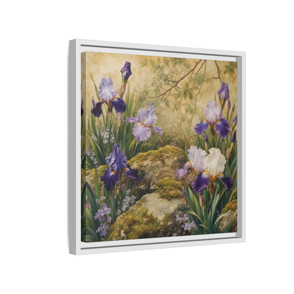 Side Mockup 13. Floral Irises Purple Irises shown as stretched canvas wall art