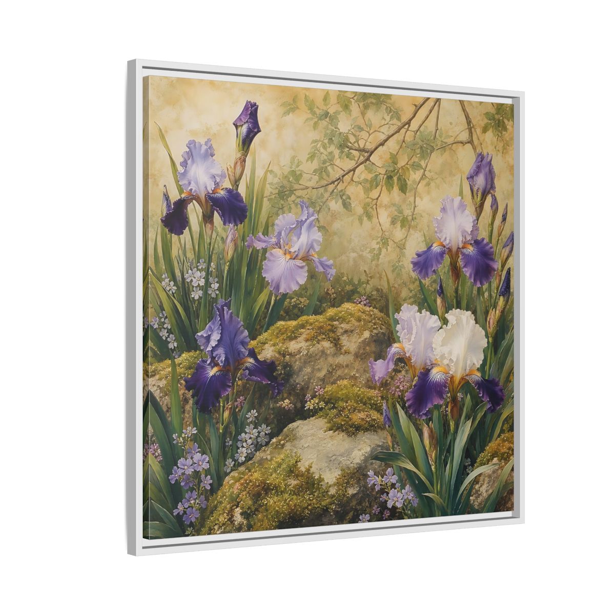 Side Mockup 7. Floral Irises Purple Irises shown as stretched canvas wall art
