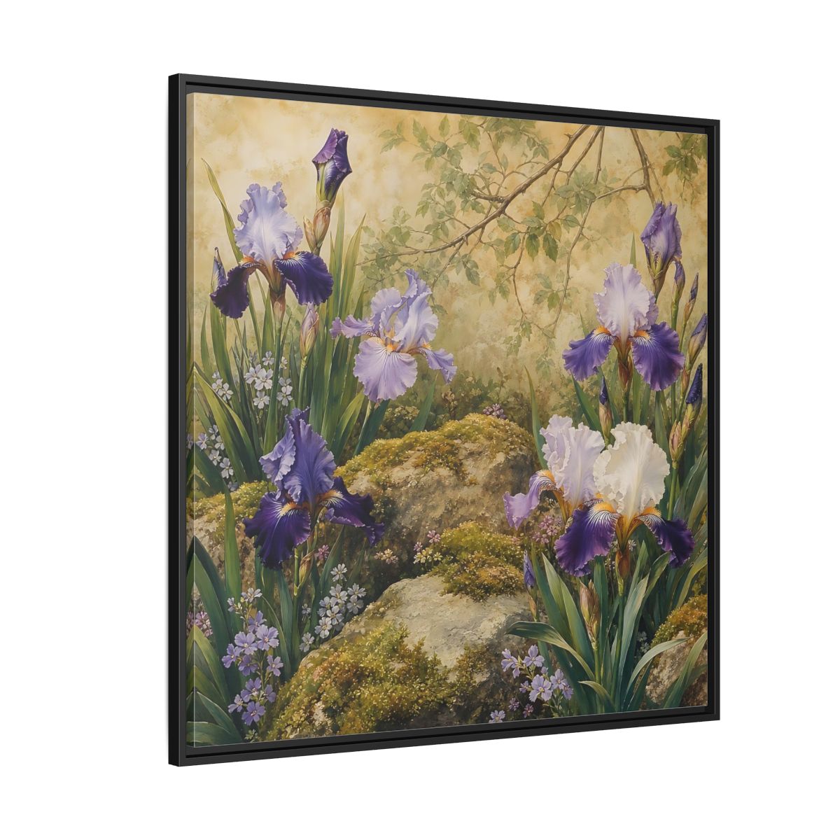 Side Mockup 6. Floral Irises Purple Irises shown as stretched canvas wall art