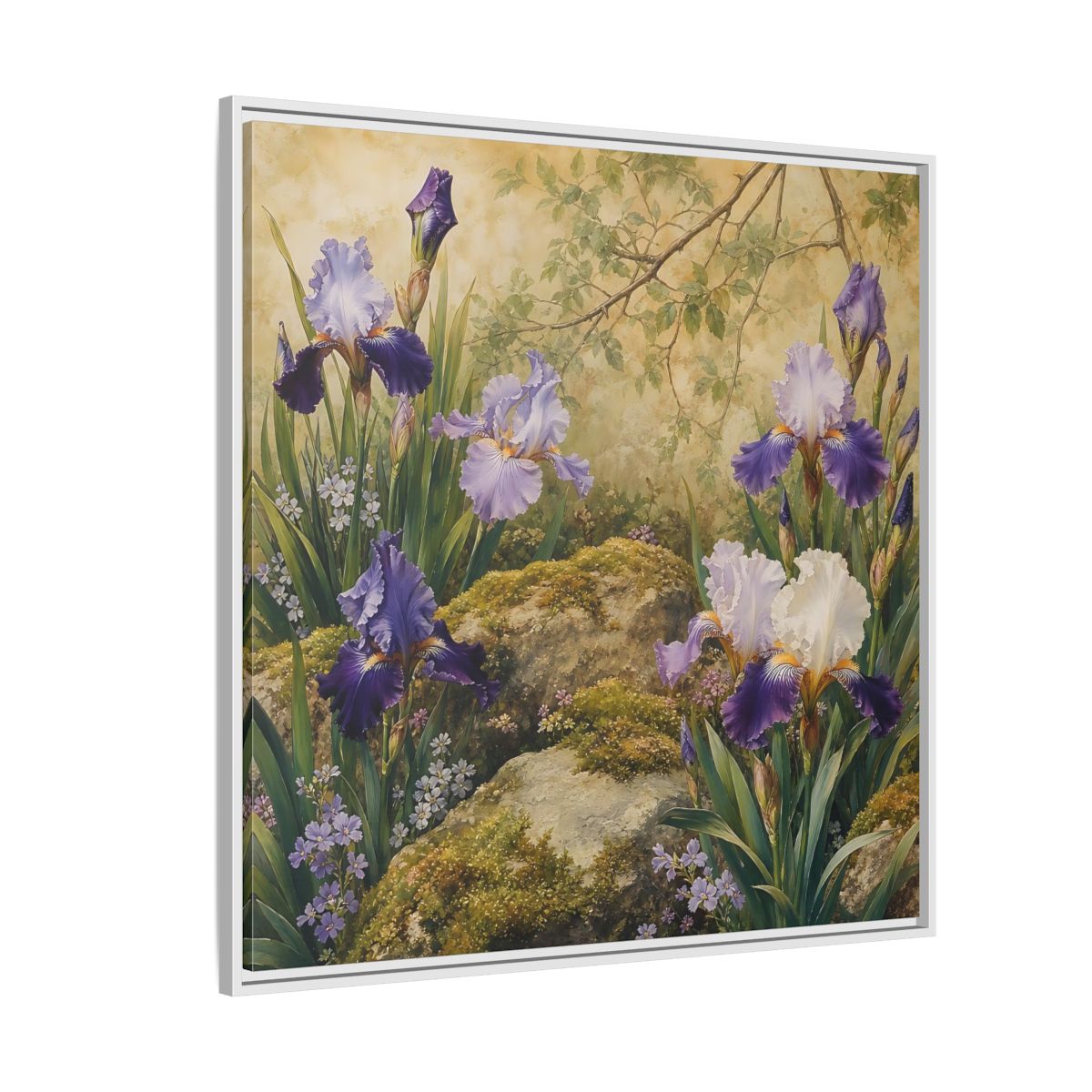 Side Mockup 4. Floral Irises Purple Irises shown as stretched canvas wall art