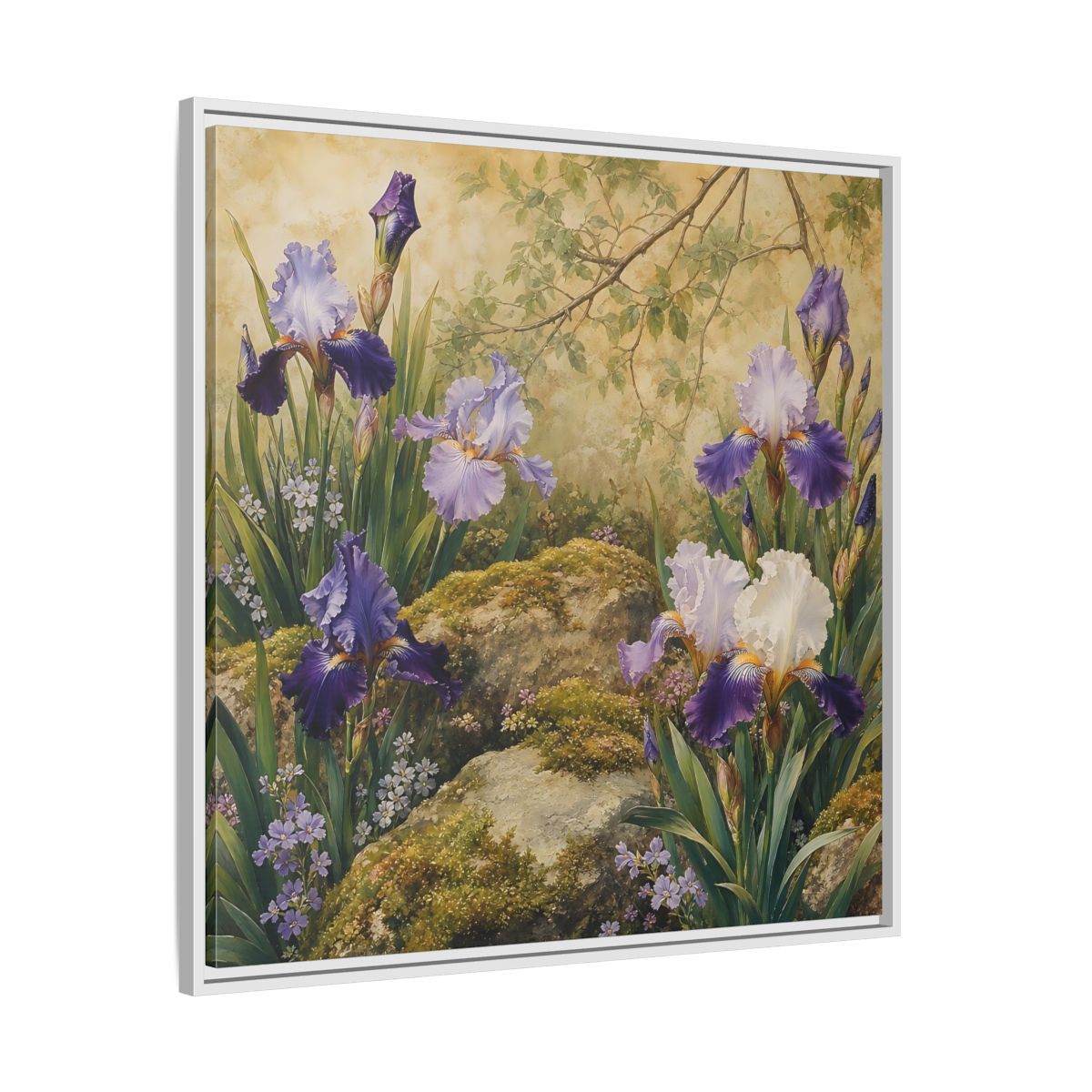 Side Mockup 25. Floral Irises Purple Irises shown as stretched canvas wall art