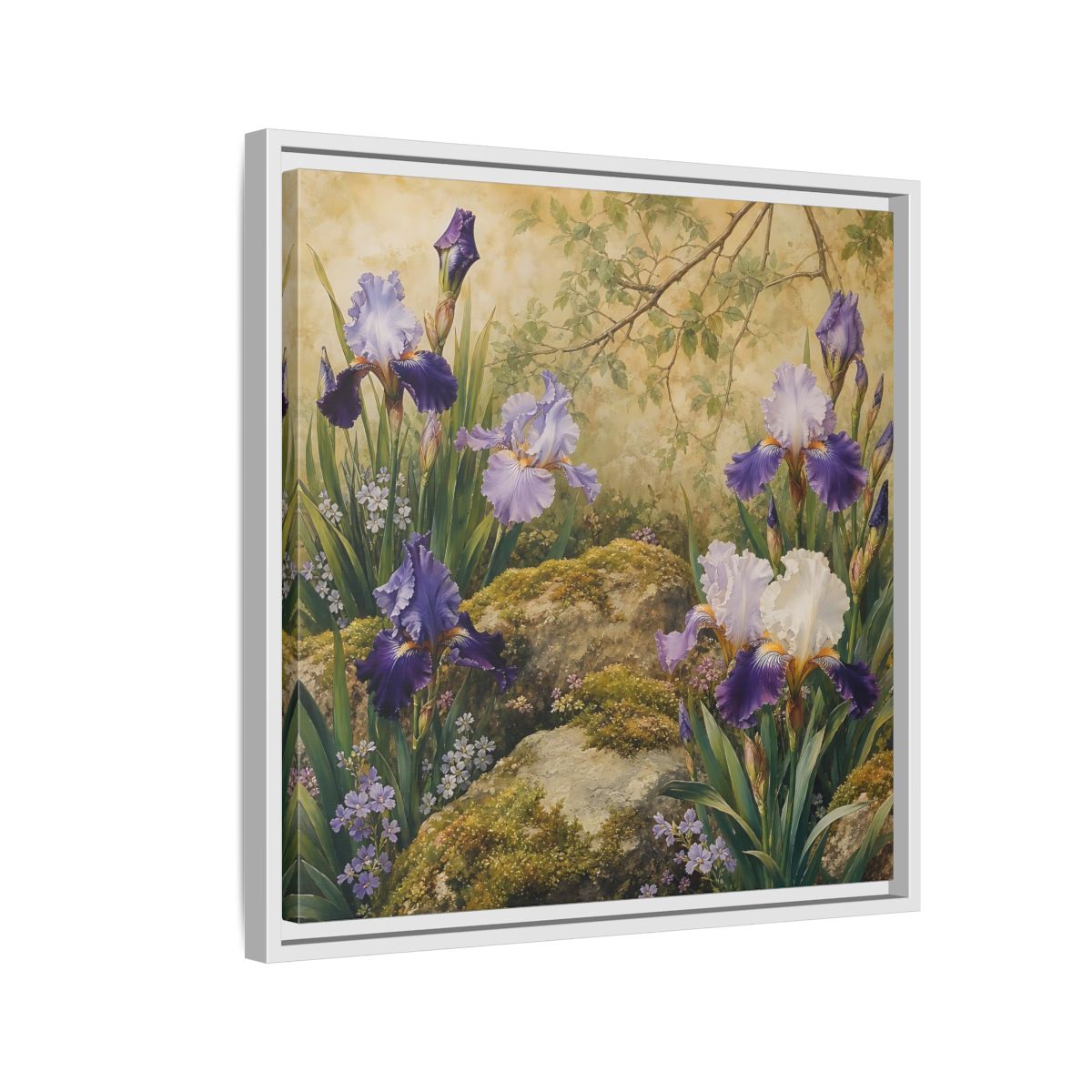 Side Mockup 10. Floral Irises Purple Irises shown as stretched canvas wall art