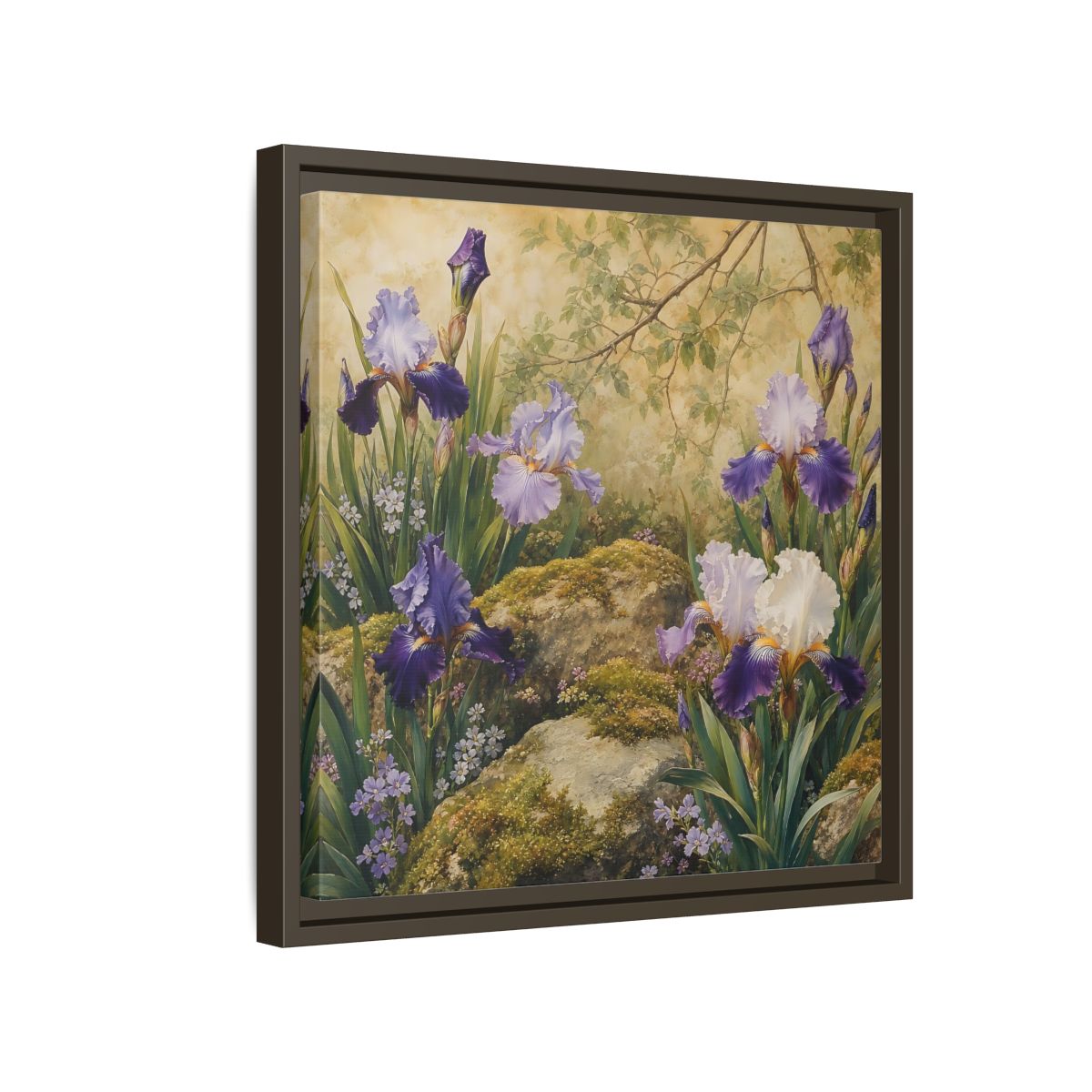 Side Mockup 14. Floral Irises Purple Irises shown as stretched canvas wall art
