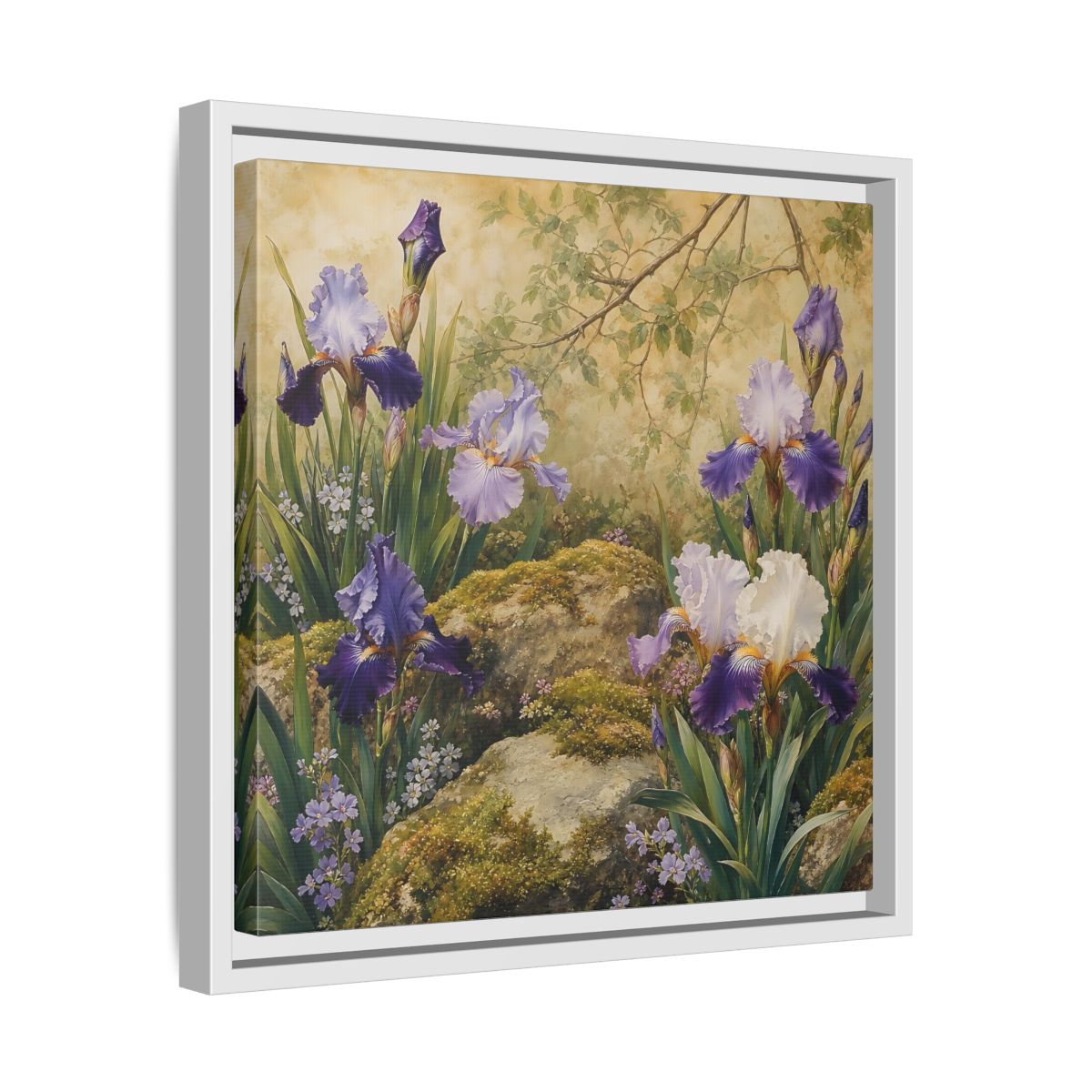 Side Mockup 28. Floral Irises Purple Irises shown as stretched canvas wall art