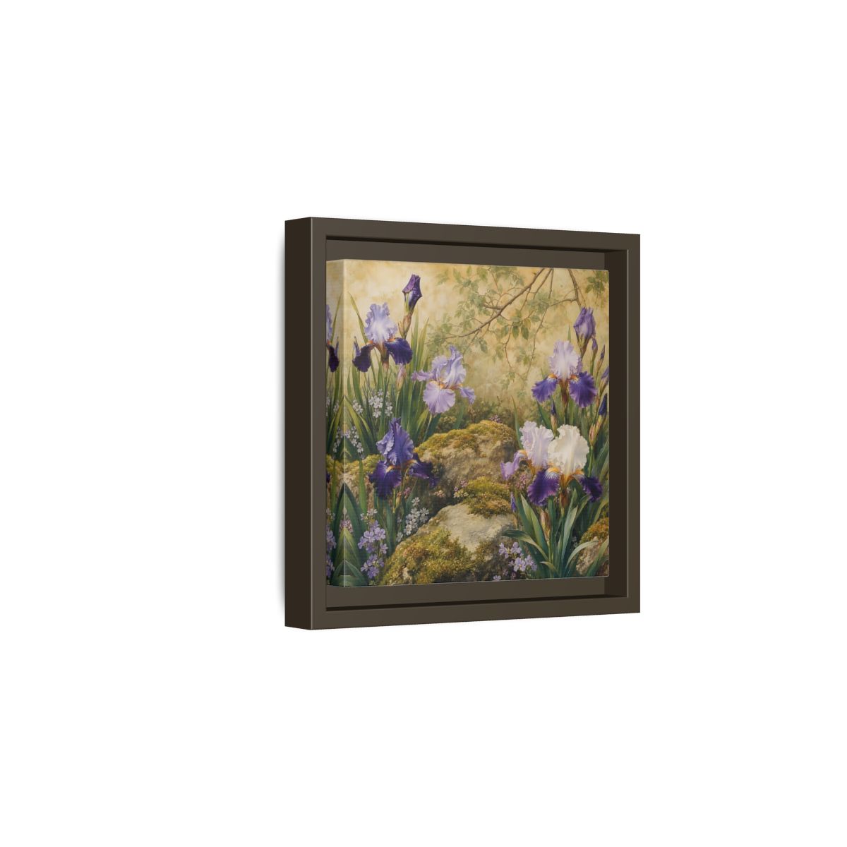 Side Mockup 2. Floral Irises Purple Irises shown as stretched canvas wall art