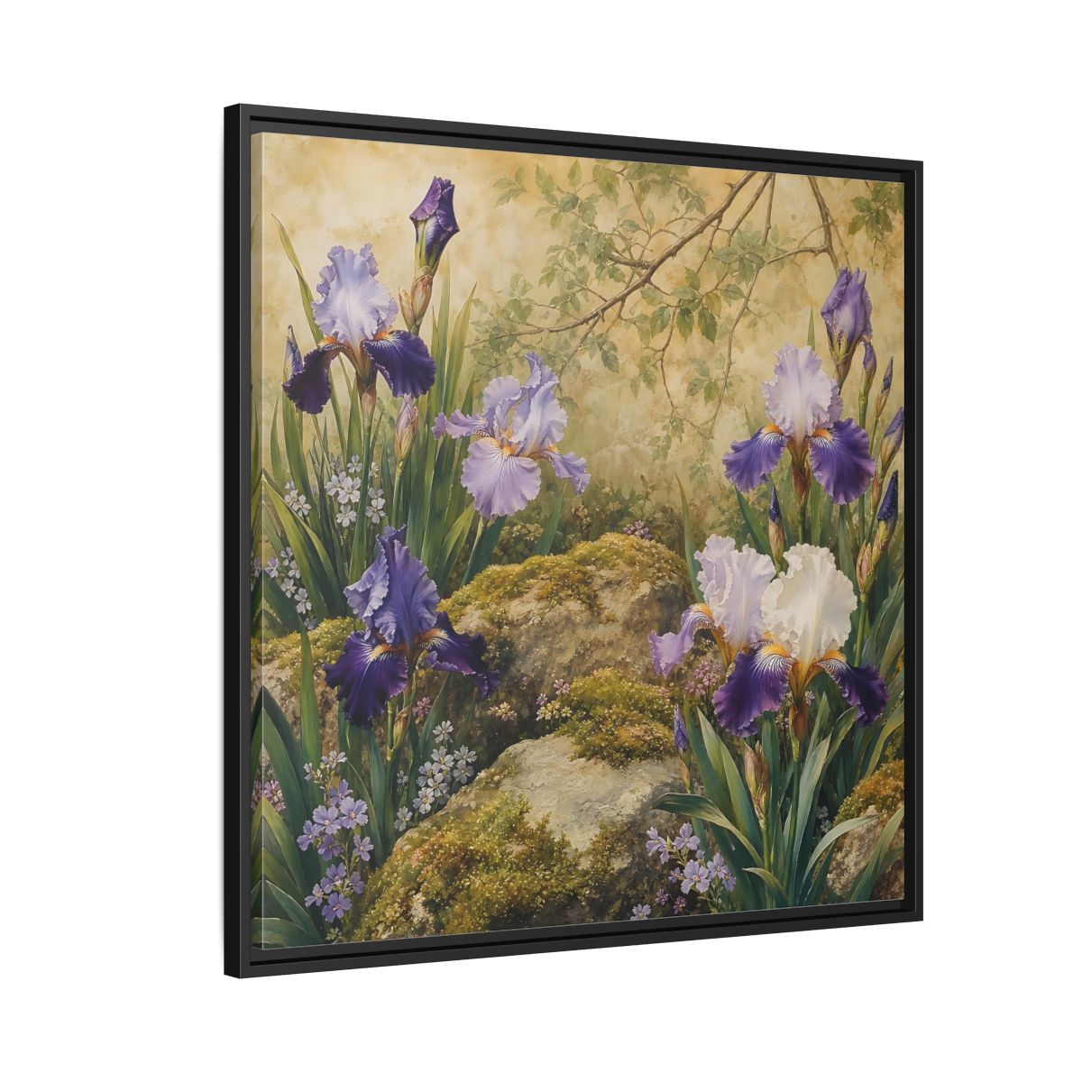 Side Mockup 9. Floral Irises Purple Irises shown as stretched canvas wall art