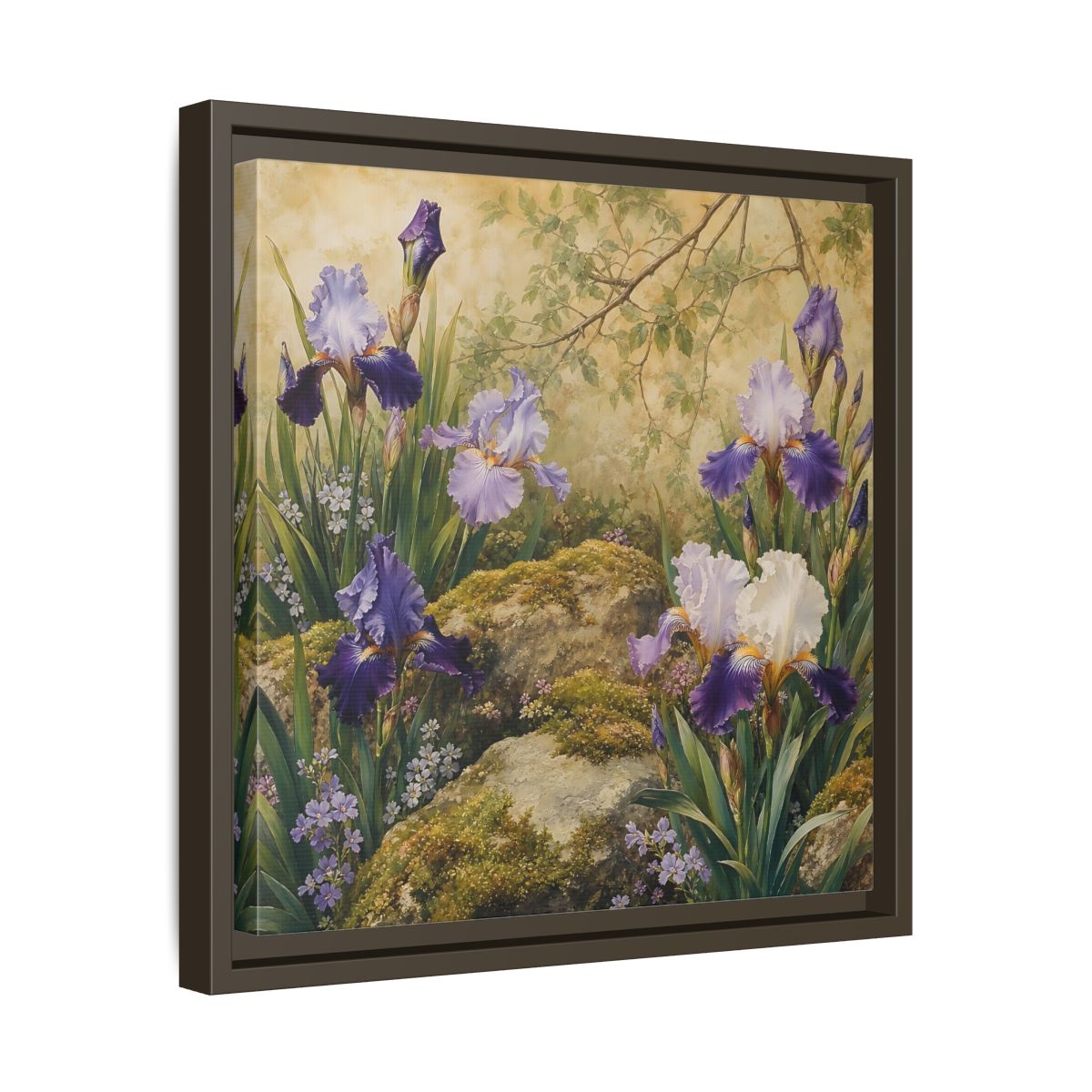 Side Mockup 29. Floral Irises Purple Irises shown as stretched canvas wall art
