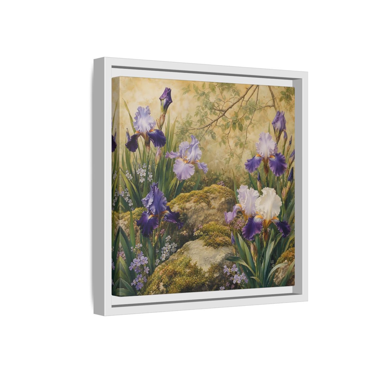 Side Mockup 16. Floral Irises Purple Irises shown as stretched canvas wall art
