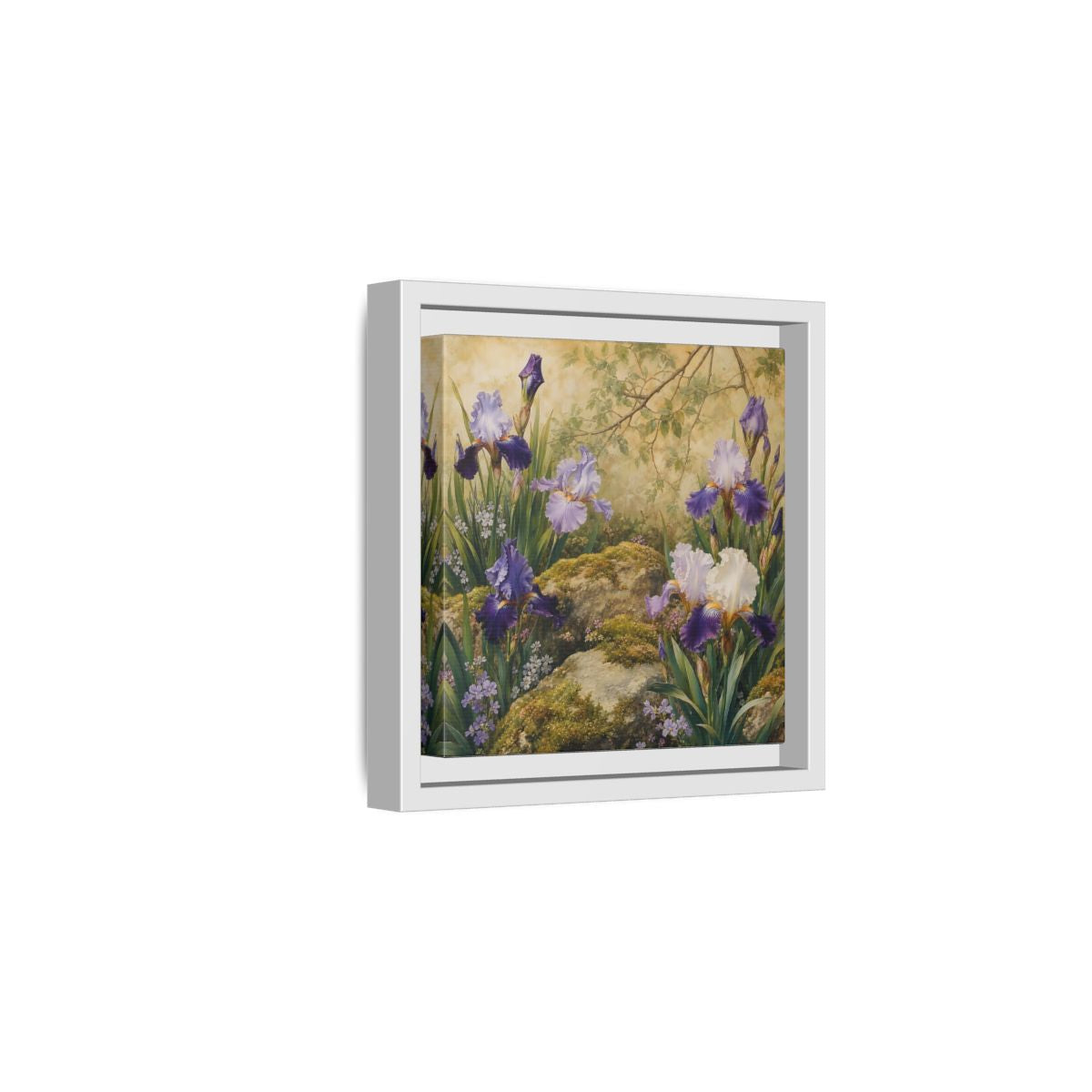 Side Mockup 1. Floral Irises Purple Irises shown as stretched canvas wall art