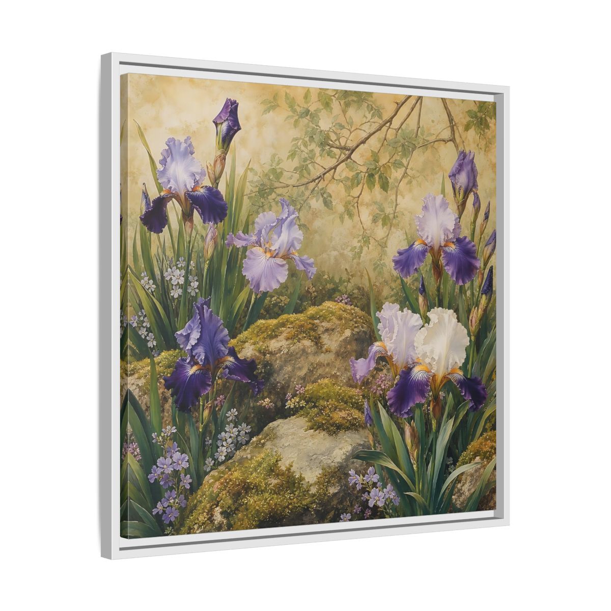 Side Mockup 26. Floral Irises Purple Irises shown as stretched canvas wall art