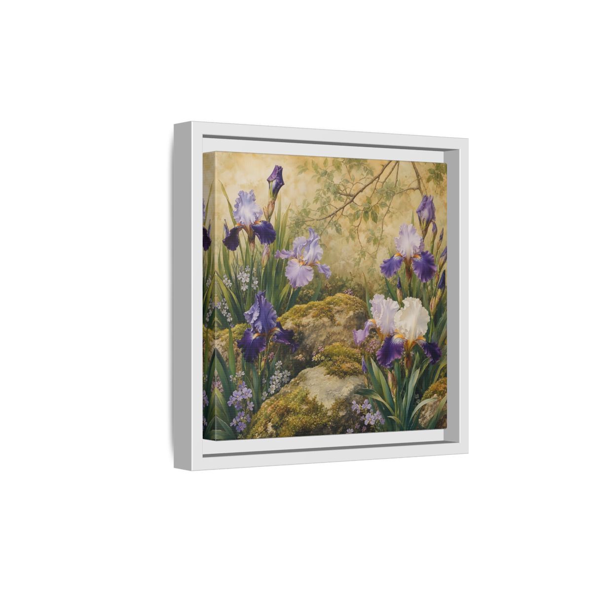 Side Mockup 19. Floral Irises Purple Irises shown as stretched canvas wall art