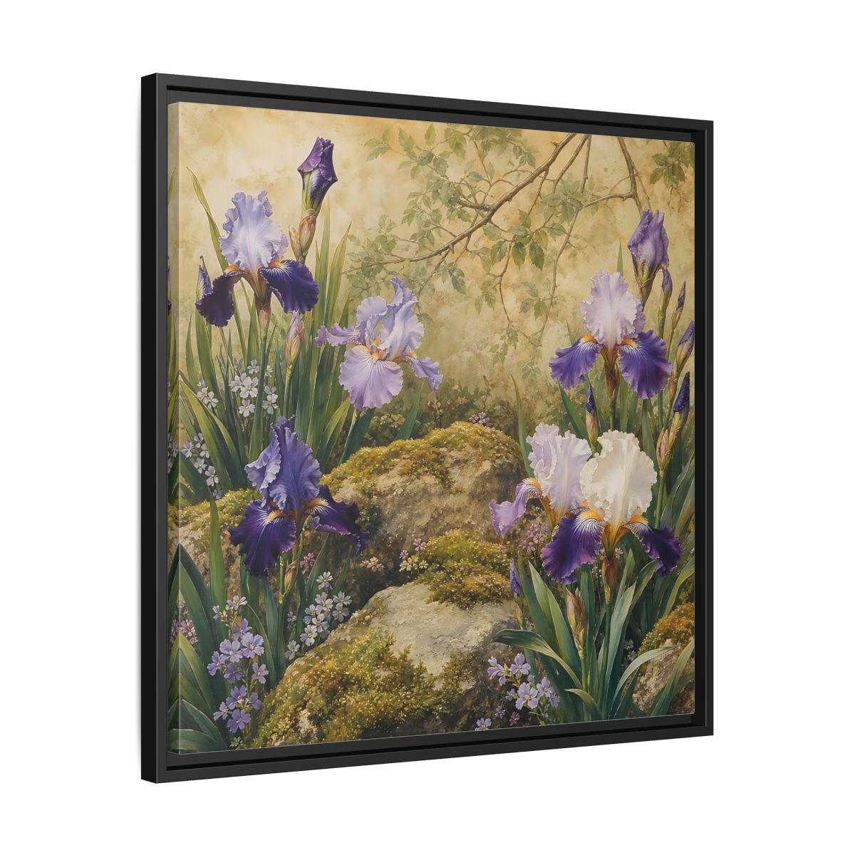 Side Mockup 31. Floral Irises Purple Irises shown as stretched canvas wall art