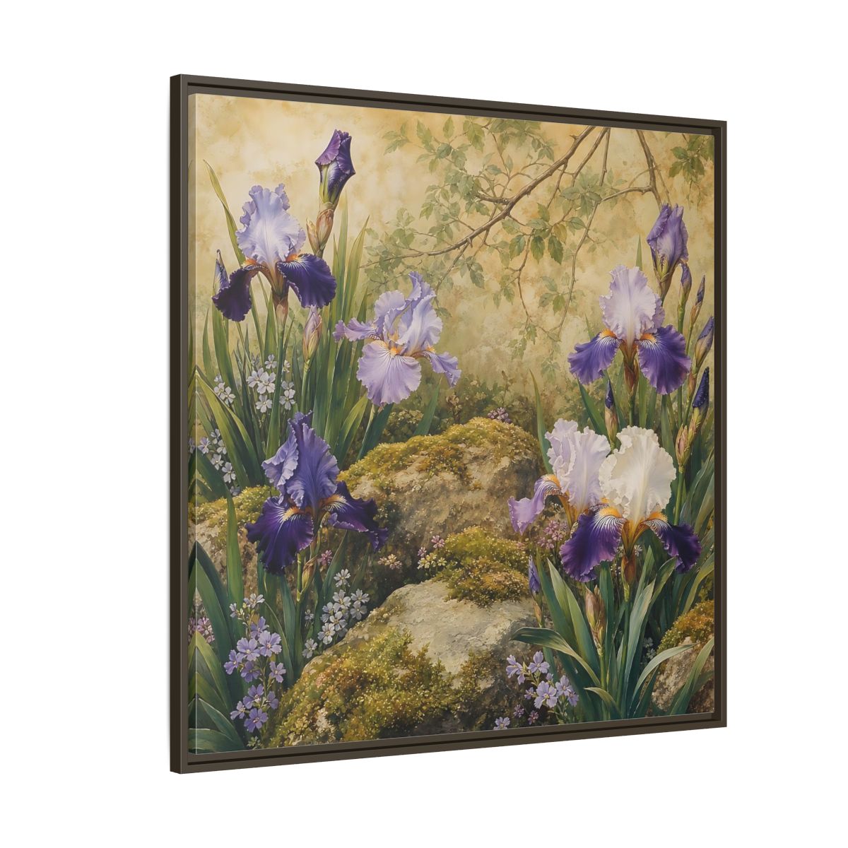 Side Mockup 5. Floral Irises Purple Irises shown as stretched canvas wall art