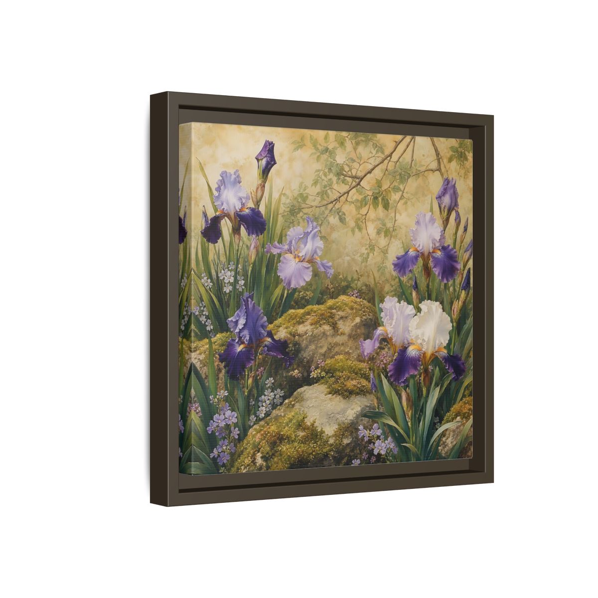 Side Mockup 17. Floral Irises Purple Irises shown as stretched canvas wall art