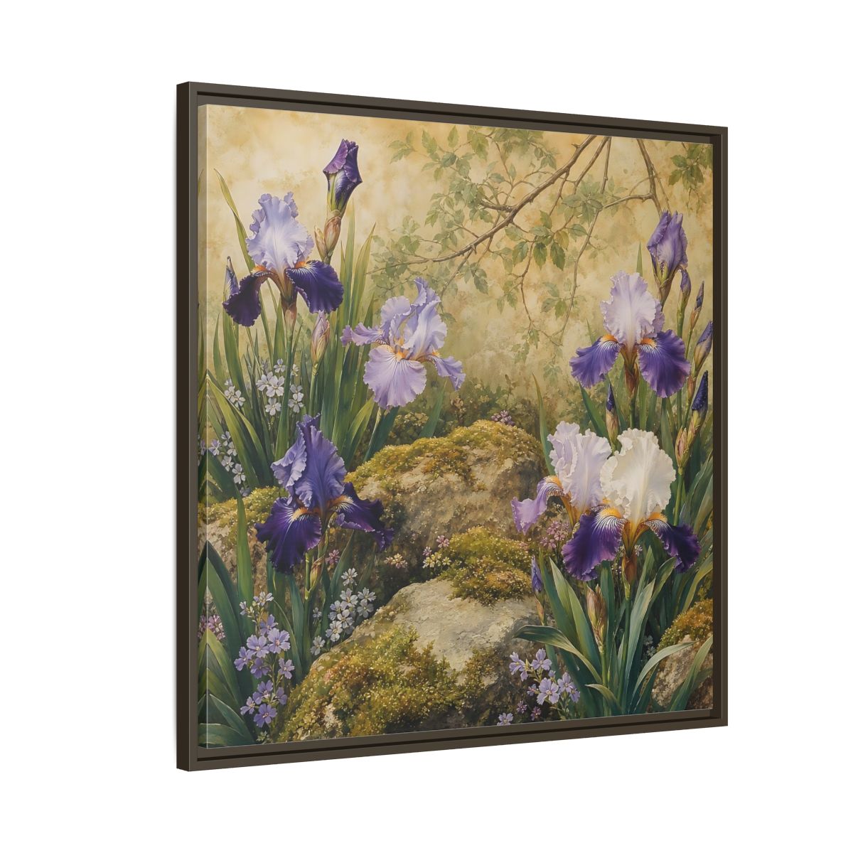 Side Mockup 8. Floral Irises Purple Irises shown as stretched canvas wall art